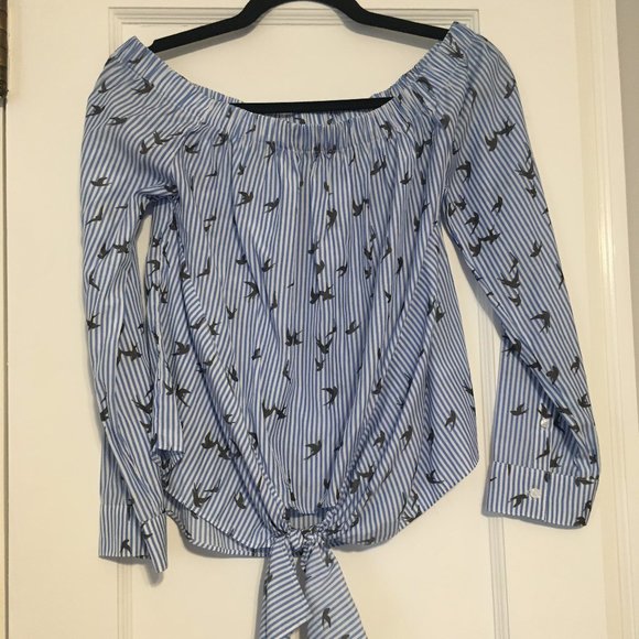 Express Women's Tie Front Off-Shoulder Blue Striped Bird Print Blouse, Sz SP - Picture 1 of 9